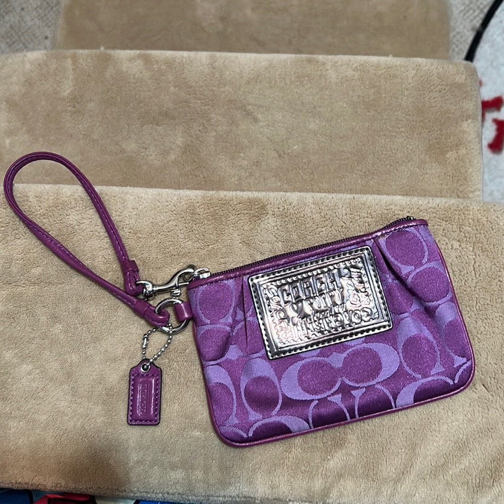 Coach Poppy Purple Wristlet, Matching Leather Strap & Hang Tag.Blue Interior.EUC